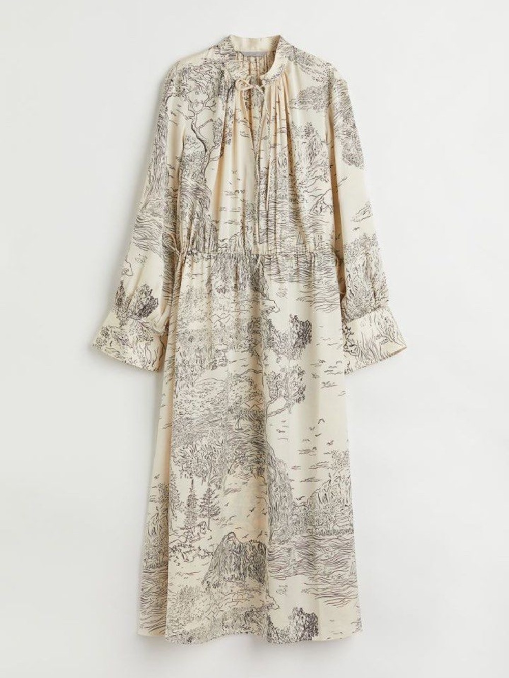 H&M Silky Cream Novelty Nature Printed Long Sleeve Midi / Maxi Dress LARGE